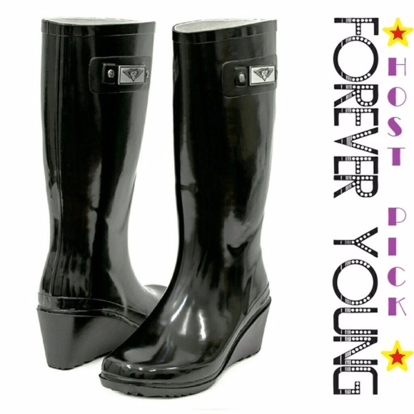 Women's Rainboots, Tall Wedge Rain Boots, RB-3100, Black - Picture 1 of 4